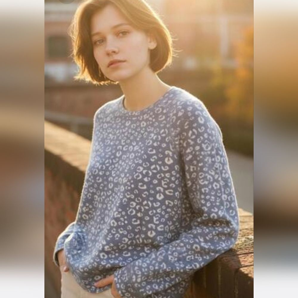 LOFT Blue Animal Print Wool Blend Crew Neck Sweater Xsmall